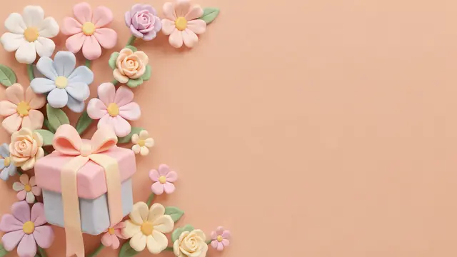 Soft 3D clay pastel flowers and a gift box sit on the left of a smooth peach background with empty copy space on the right