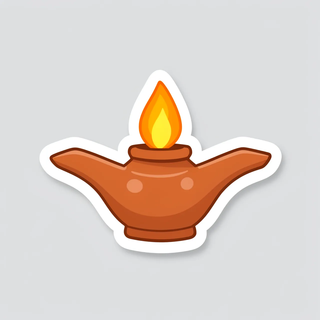 Cute flat die-cut sticker of a lit clay oil lamp with a thick white border on a light gray background