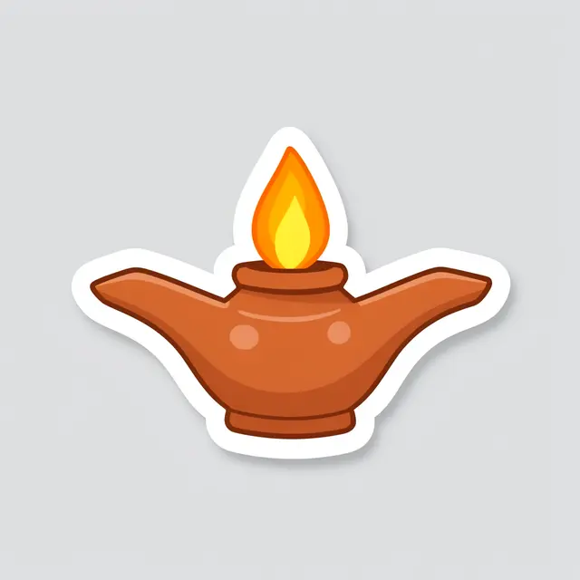 Cute flat die-cut sticker of a lit clay oil lamp with a thick white border on a light gray background