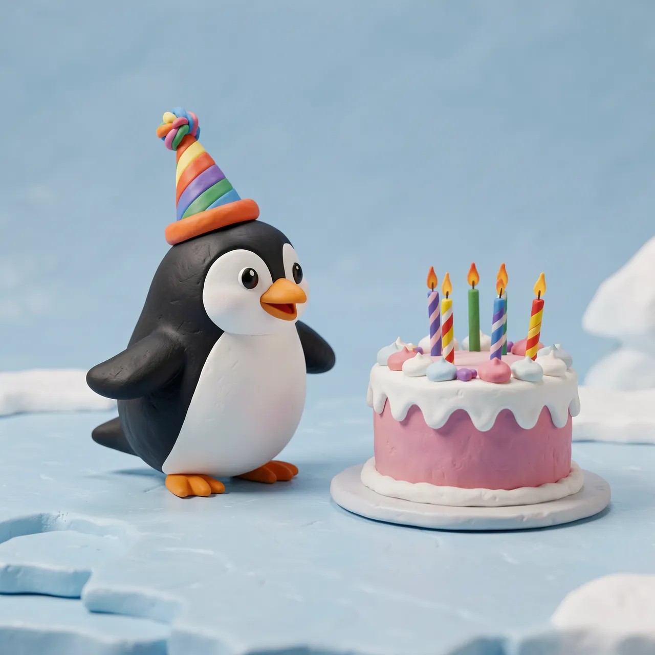 Cute clay 3D penguin in a rainbow party hat stands next to a lit birthday cake on an icy surface