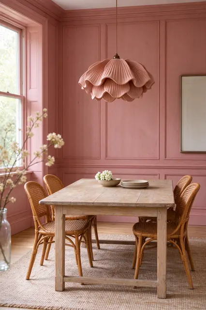 Bright dining room with pink paneled walls, oak table, rattan chairs and scalloped pendant light