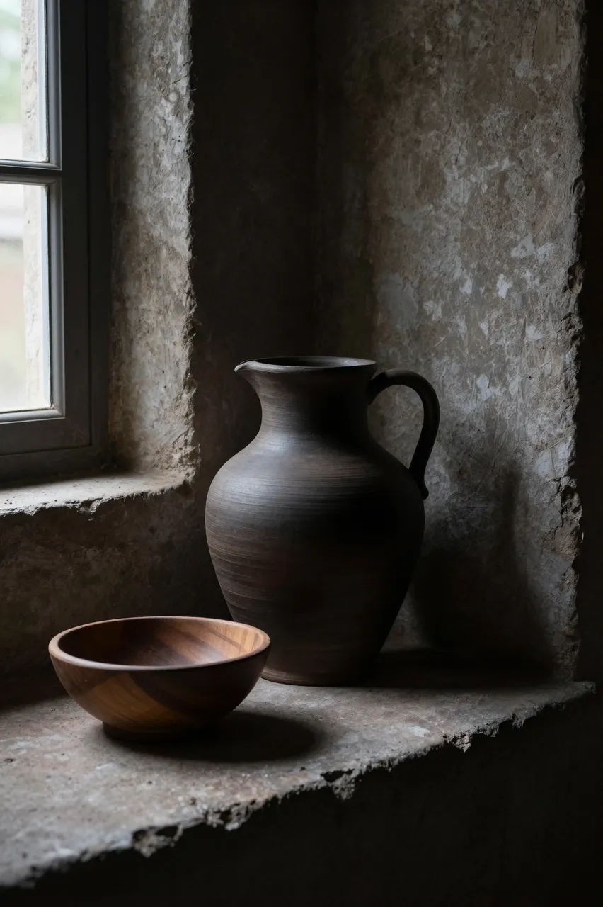 A dark clay pitcher and warm wooden bowl rest on a rough plaster window sill lit by soft side window light.