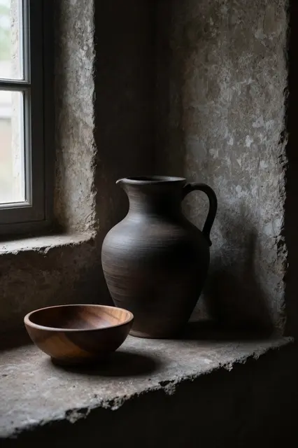 A dark clay pitcher and warm wooden bowl rest on a rough plaster window sill lit by soft side window light.