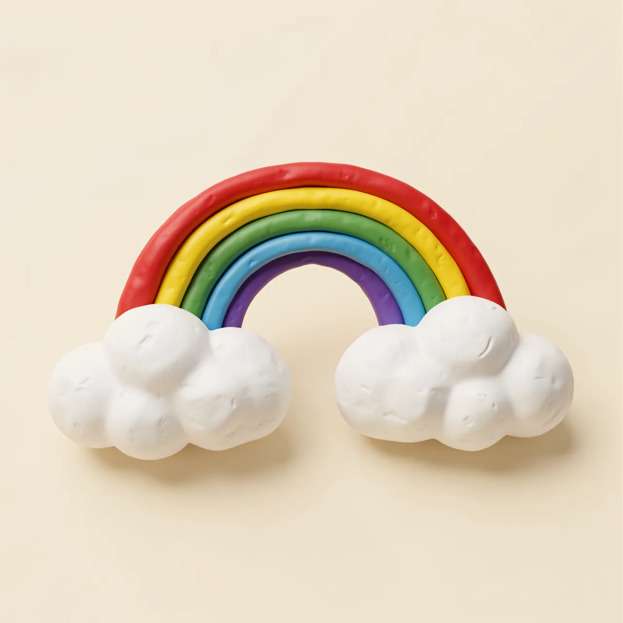 Textured clay-style 3D rainbow resting on two puffy white clouds against a soft cream background