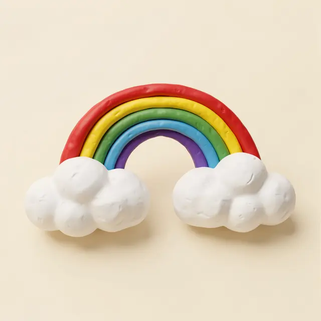 Textured clay-style 3D rainbow resting on two puffy white clouds against a soft cream background