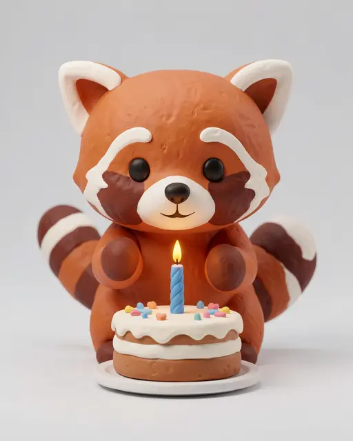 Clay style 3D render of a cute red panda sitting before a small birthday cake with a lit candle