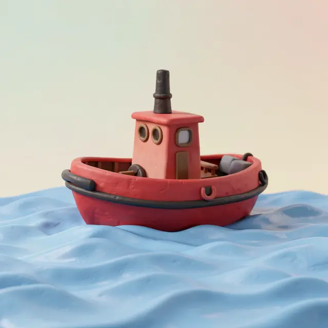 3D clay render of a small red tugboat floating on soft blue gentle waves with a pastel gradient background