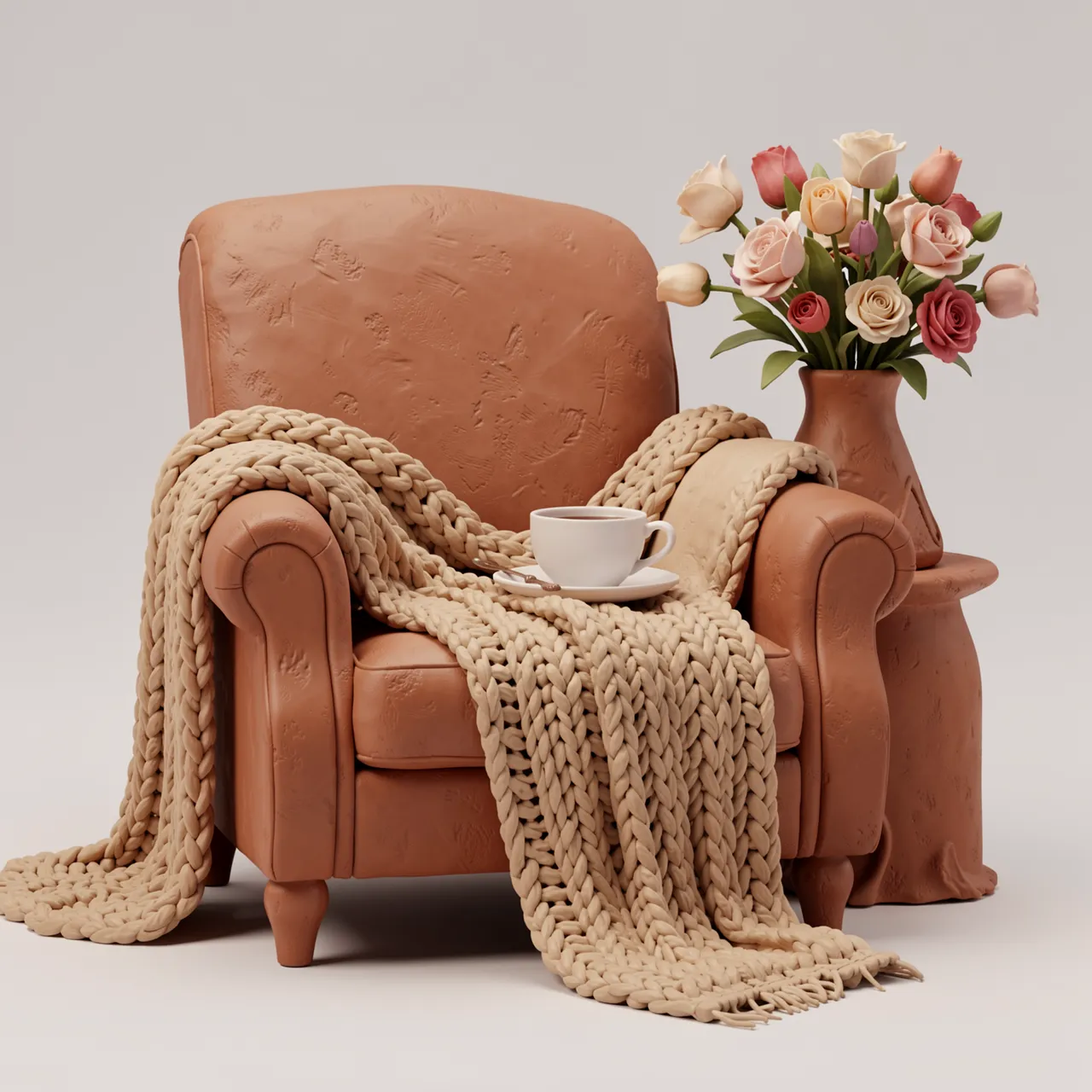 Stylized clay 3D render of a cozy armchair with a knitted throw, teacup, and vase of roses for Mother's Day