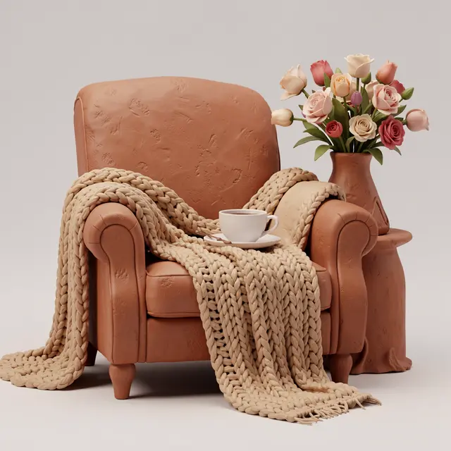 Stylized clay 3D render of a cozy armchair with a knitted throw, teacup, and vase of roses for Mother's Day