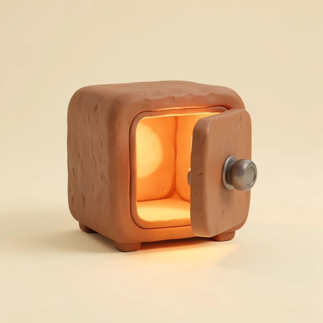 A soft textured clay cartoon safe sits open with warm light spilling from its interior on a cream background