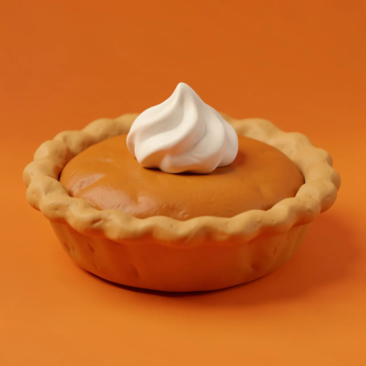 3D clay style pumpkin pie topped with whipped cream sits against a solid warm orange background