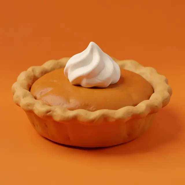 3D clay style pumpkin pie topped with whipped cream sits against a solid warm orange background
