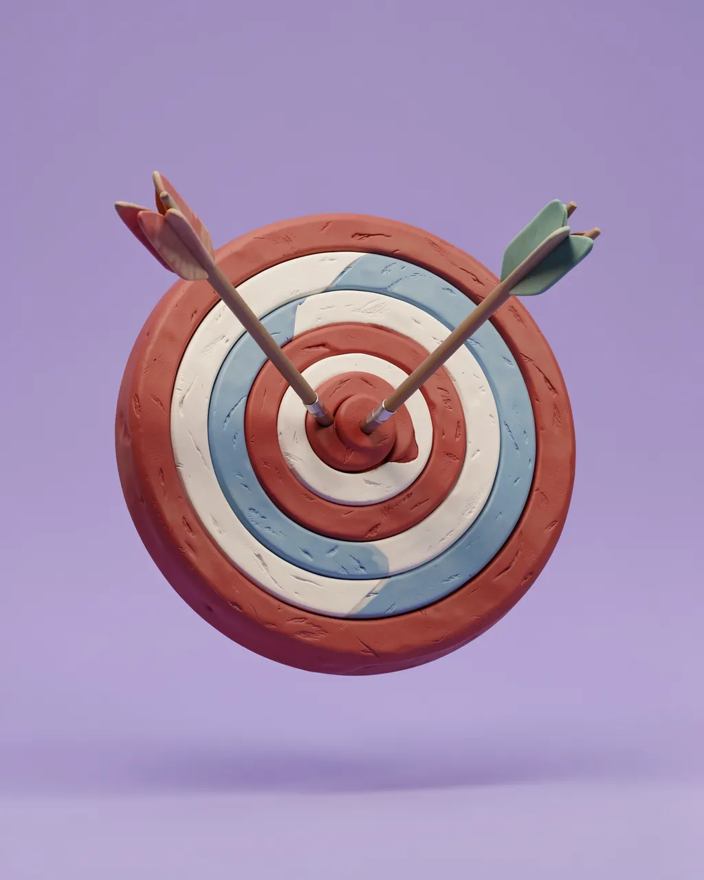 A clay-style 3D archery target with two arrows in its center floats above a lavender background