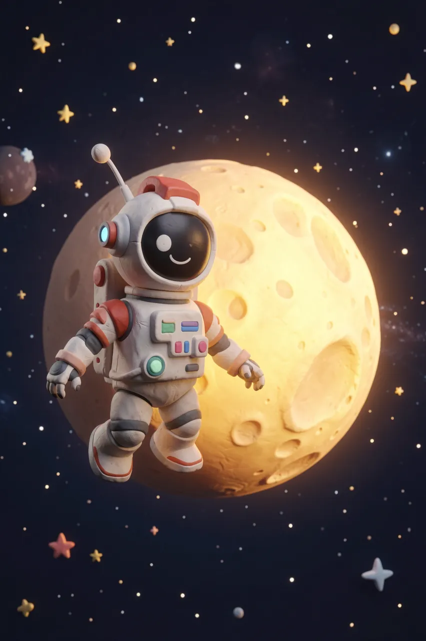 Cute clay-style robot astronaut floats in starry space beside a glowing cratered moon