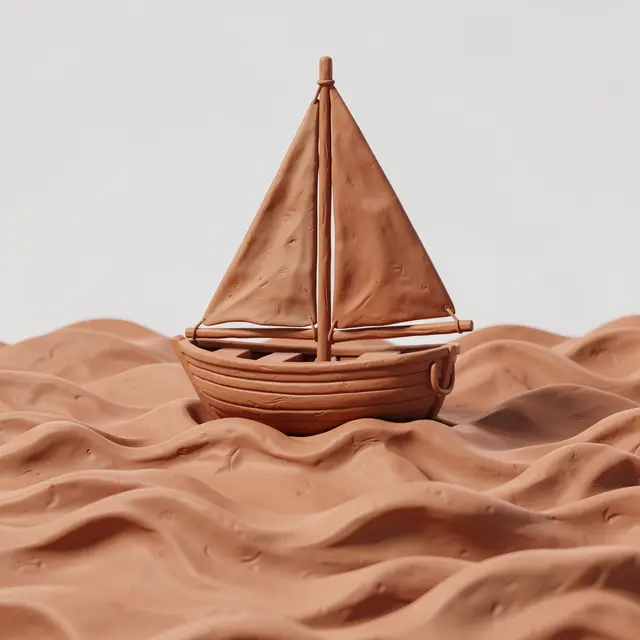A clay-style 3D sailboat rests gently on smooth rolling clay waves against a plain light gray background