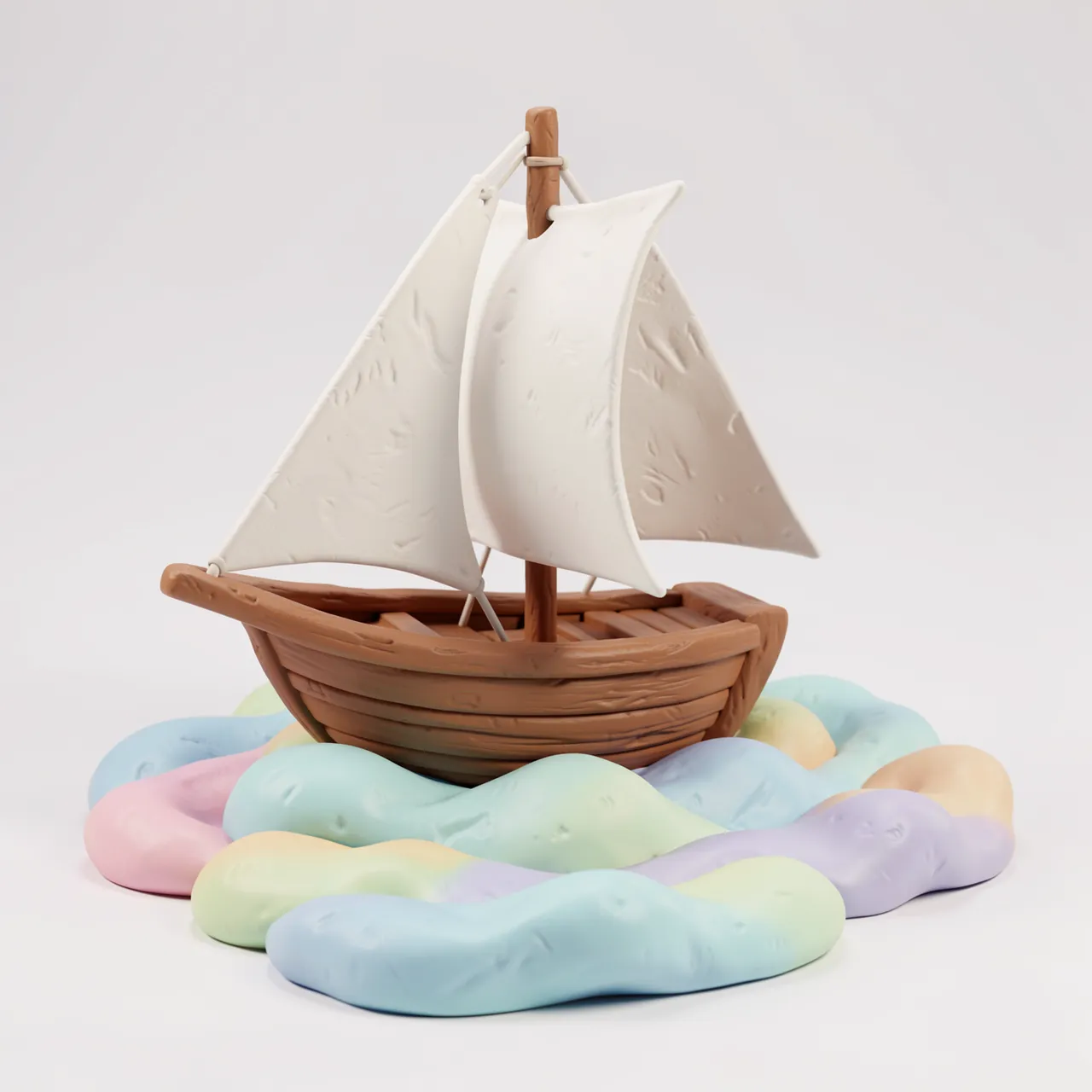 Clay 3D render of a small wooden sailing ship with white sails resting on soft pastel stylized waves