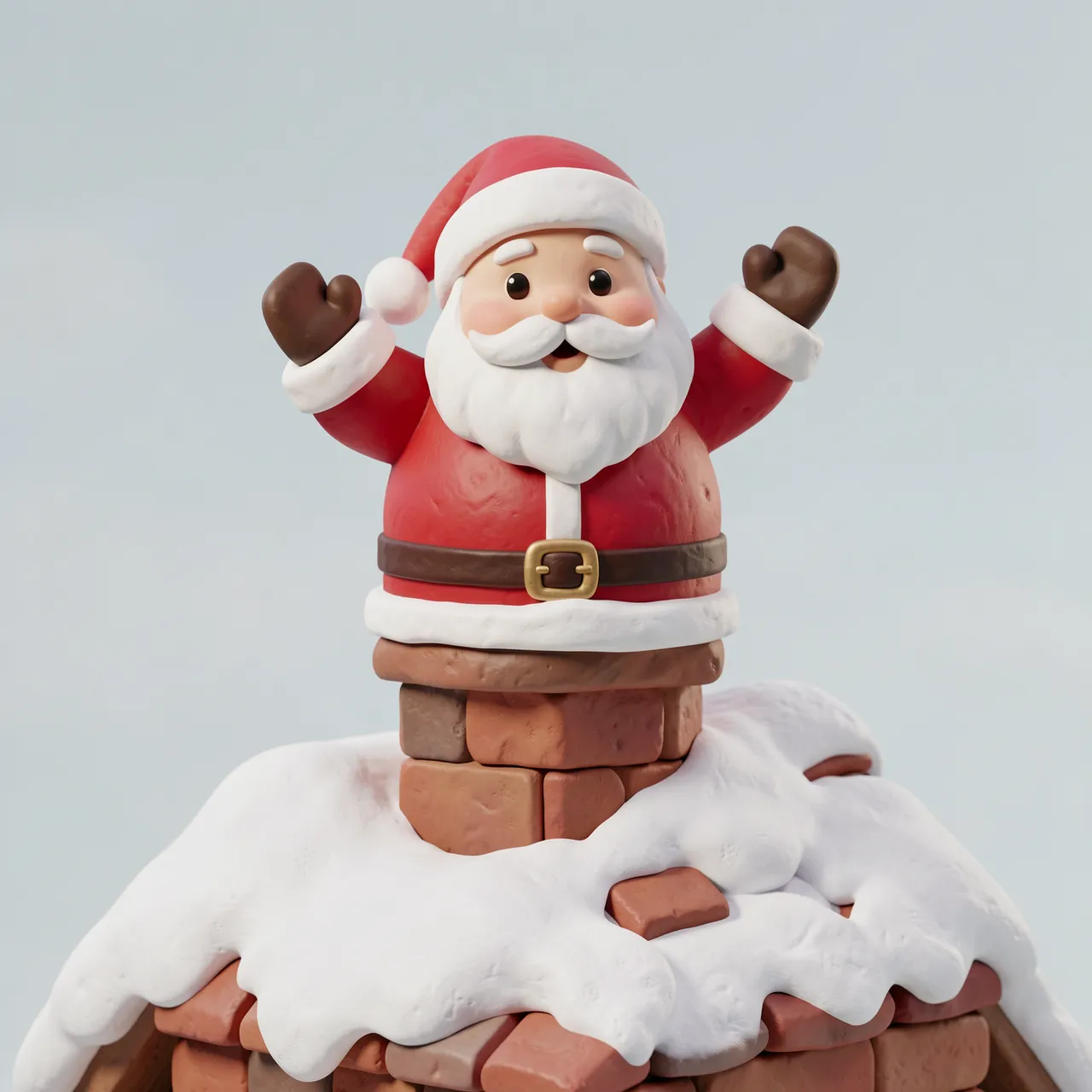 Cute clay 3D render of chubby Santa Claus waving from a brick chimney on a snow-covered rooftop.