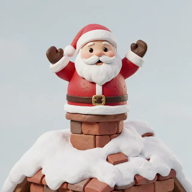 Cute clay 3D render of chubby Santa Claus waving from a brick chimney on a snow-covered rooftop.