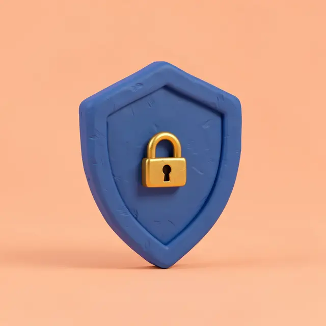 A chunky clay-style blue 3D shield with a small gold padlock sits against a solid peach background