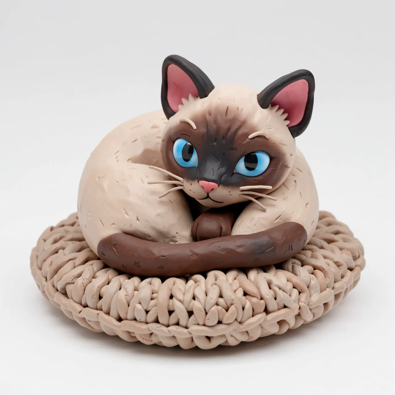 Plasticine style 3D render of a curled Siamese kitten with bright blue eyes resting on a knitted cushion.