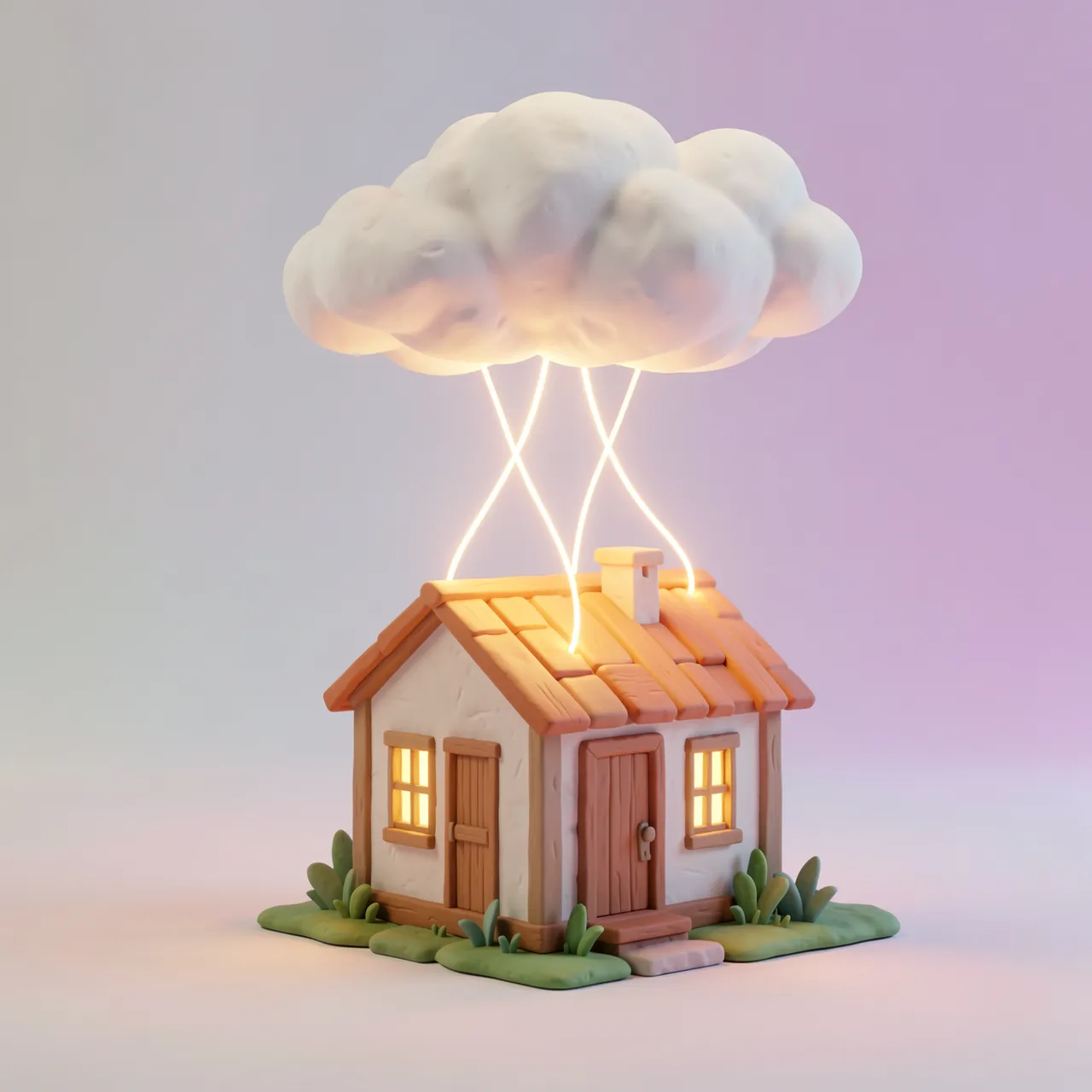 Clay 3D render of a tiny house linked by glowing light threads to a fluffy cloud on a pastel gradient background