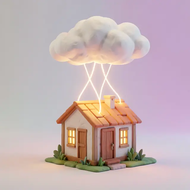 Clay 3D render of a tiny house linked by glowing light threads to a fluffy cloud on a pastel gradient background