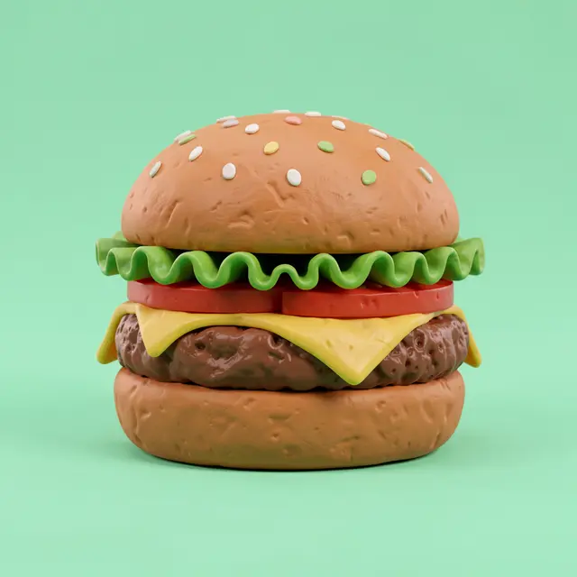 A clay-textured 3D rendered cheeseburger sits against a solid mint green background.