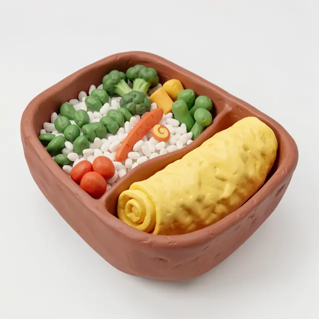 Handmade clay 3D bento box with rice, vegetables and rolled omelet on a plain light background