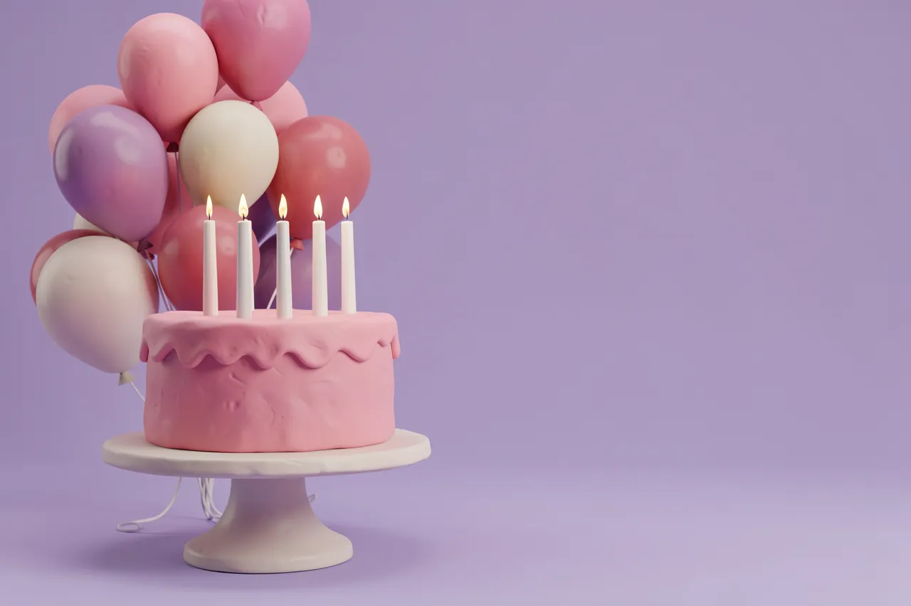 Pink 3D clay render birthday cake with lit candles and balloons sits on a stand against lilac copy space
