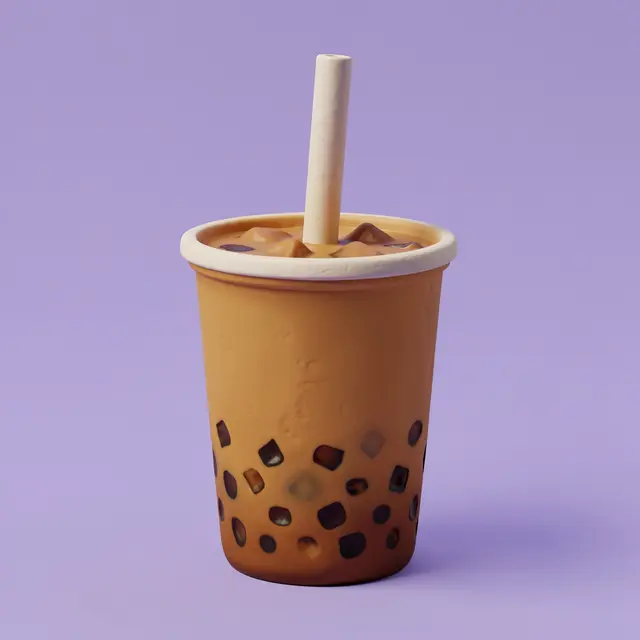 3D clay render of a boba tea cup with a wide straw set against a solid lilac background
