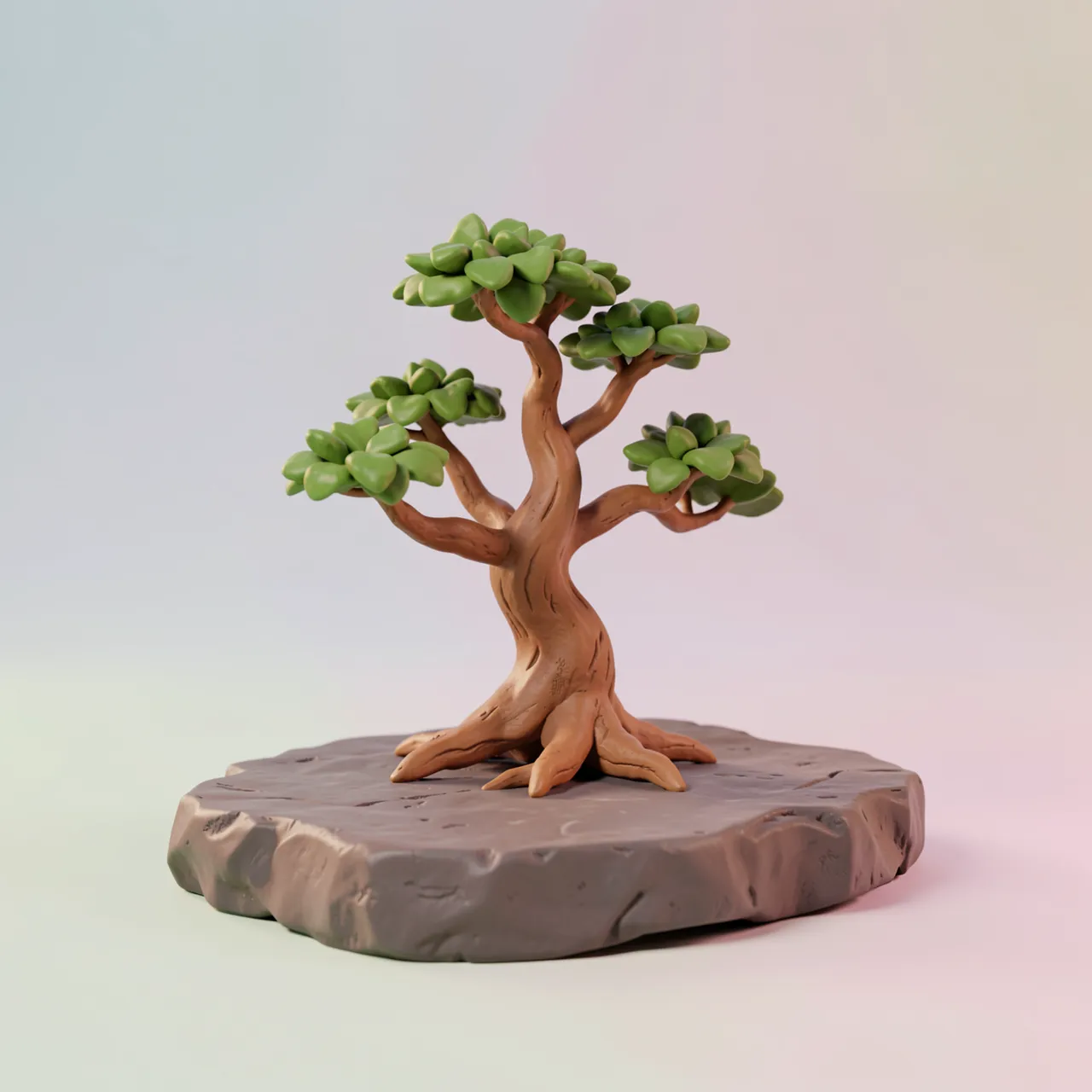 A clay-style 3D render of a tiny bonsai tree resting on a flat rock slab against a soft pastel gradient background