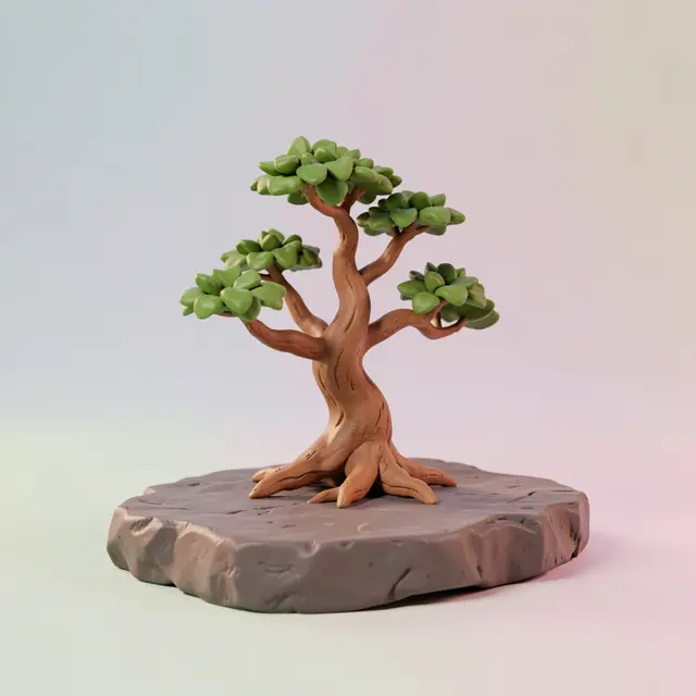 A clay-style 3D render of a tiny bonsai tree resting on a flat rock slab against a soft pastel gradient background