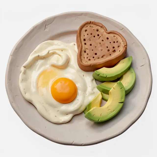 Clay 3D rendered breakfast plate with fried egg, heart shaped toast and avocado slices