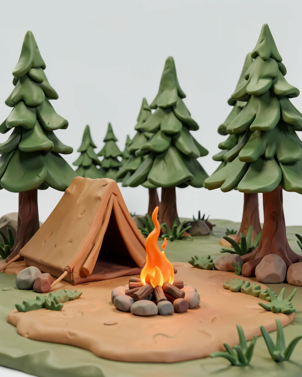 Smooth clay 3D render of a campsite with a tent, glowing campfire and stylized pine trees