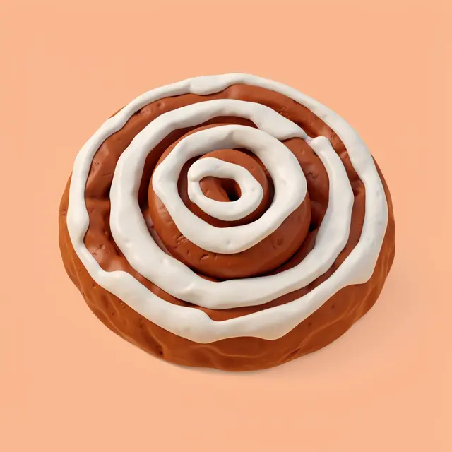 3D clay render of a cinnamon roll with swirled white icing on a solid peach background