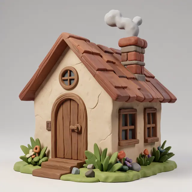 3D clay render of a cozy cottage with a round window, smoking chimney, and small garden plants on a plain background
