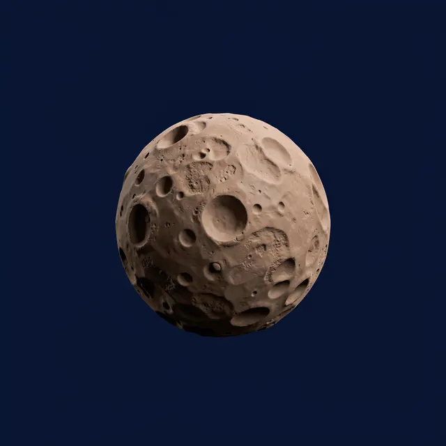 Textured clay 3D render of a cratered small moon floating against a solid navy deep space background