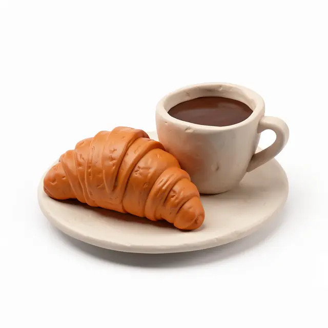 Clay-style 3D render of a croissant and coffee cup resting on a small plate against a plain white background