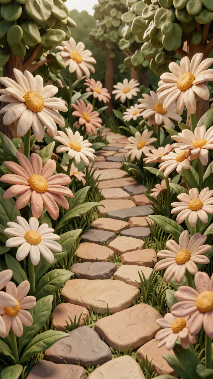 Tactile clay 3D garden with giant daisies flanking a winding stone stepping path