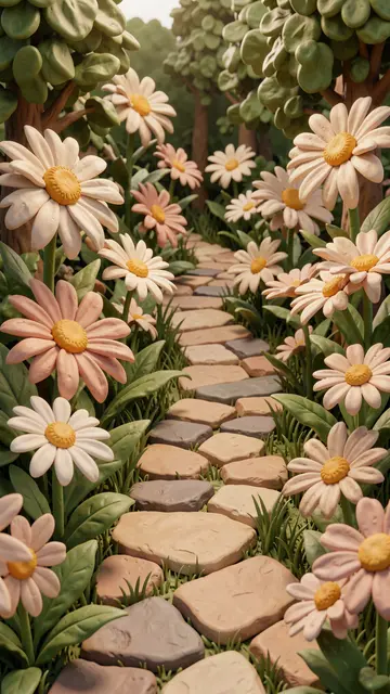 Tactile clay 3D garden with giant daisies flanking a winding stone stepping path