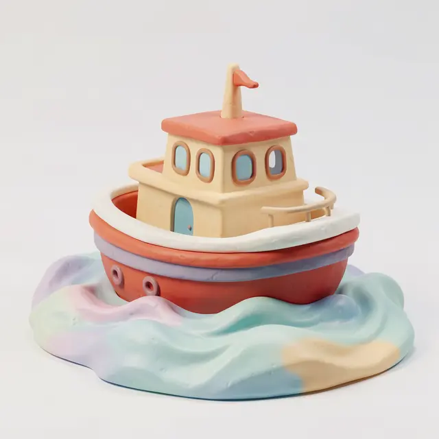 Soft clay 3D render of a cute small ferry boat resting on pastel gentle waves