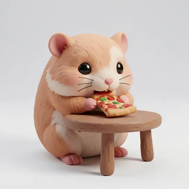 Cute 3D clay render of a round hamster eating a tiny pizza slice at a small wooden table