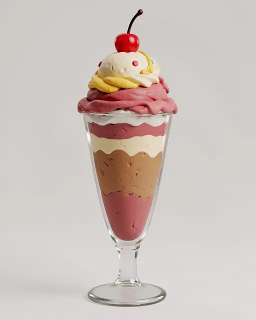 A clay-style 3D rendered tall layered ice cream sundae topped with a cherry in a clear glass against a plain light gray