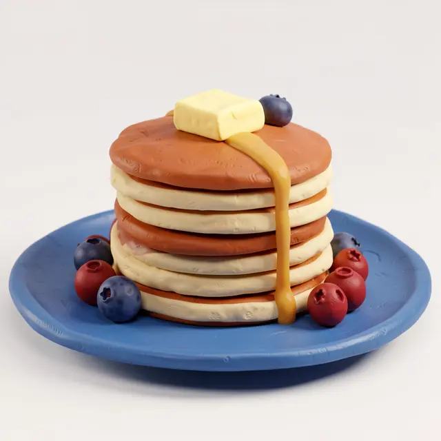 Textured clay 3D render of a stack of pancakes with butter, syrup and berries on a blue plate