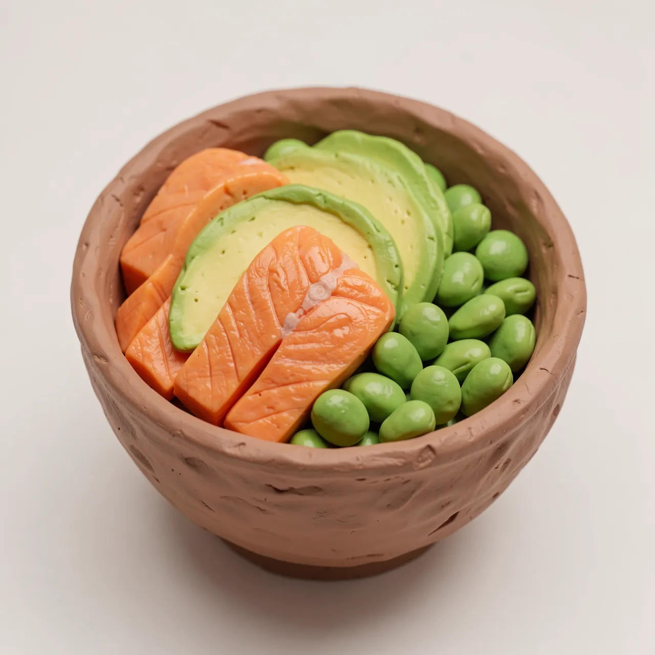 Handmade clay style 3D render of a poke bowl with salmon, avocado and edamame in a textured ceramic bowl