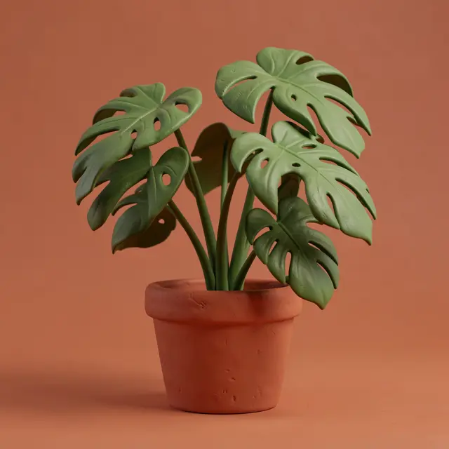 Clay textured 3D render of a potted monstera plant against a warm terracotta background