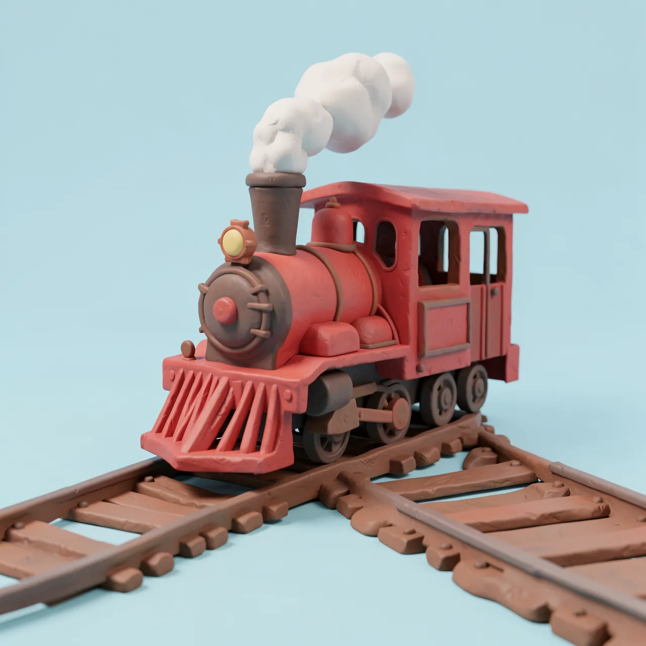 Clay 3D render of a red steam train on curved railway track against a pastel blue background