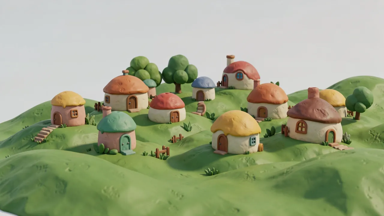 Charming clay 3D render of a tiny village of round hobbit-style homes on rolling green hills