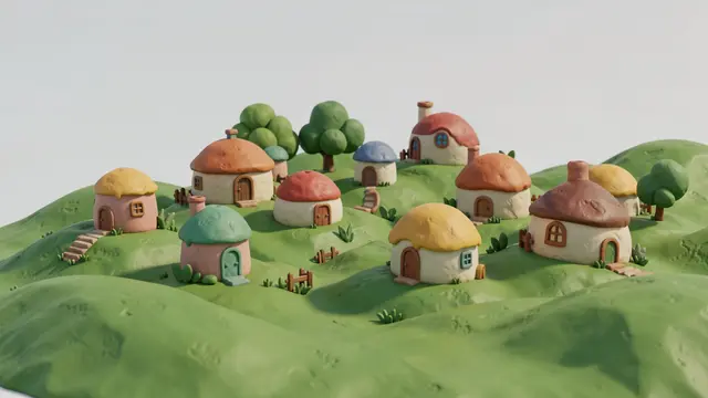Charming clay 3D render of a tiny village of round hobbit-style homes on rolling green hills