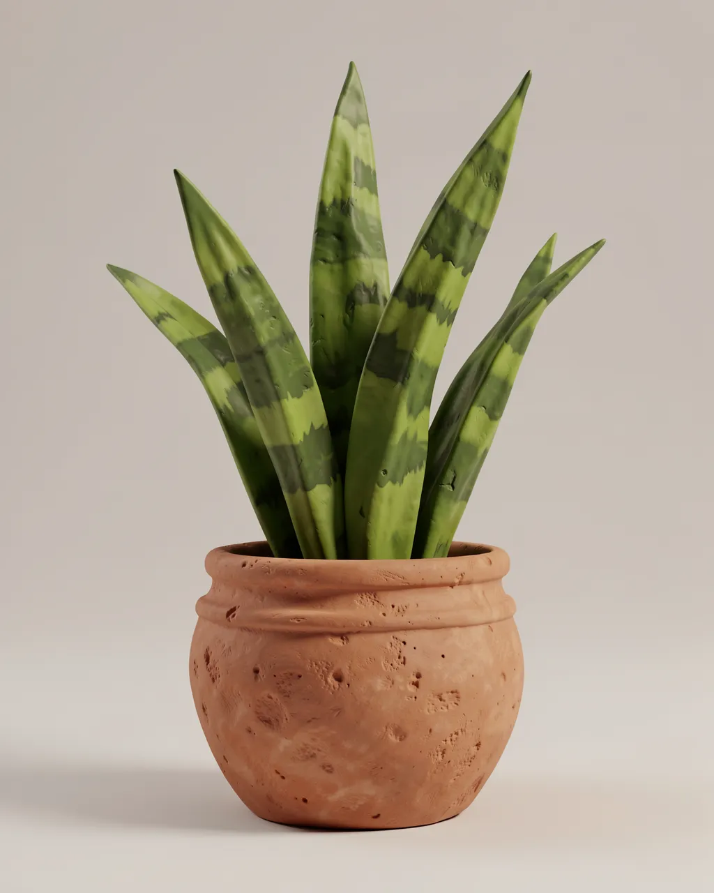 Clay-rendered snake plant sits in a textured terracotta ceramic pot against a neutral plain background